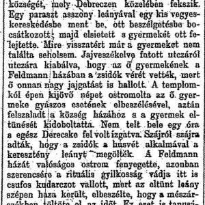 „Rituális gyilkosság.” (Forrás: Pesti Hírlap, 1883. 04. 25., 6. o.)
